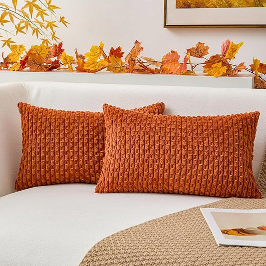 Kevin Textile Pack of 2 Fall Corduroy Decorative Throw Pillow Covers 12x20 Inch Soft Boho Striped Pillow Covers Modern Farmhouse Home Decor for Sofa Living Room Couch Bed Rust