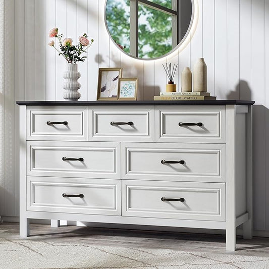 Farmhouse 7-Drawer Dresser for Bedroom, 52" Wide Wood Chest of Drawers with Large Metal Handles, White Dressers Storage Organizer for Bedroom, Living Room & Hallway