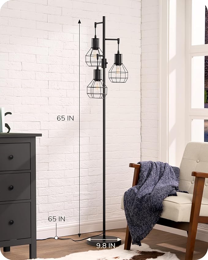 EDISHINE Dimmable Farmhouse Floor Lamp, Industrial Standing Lamp for Living Room, 3 LED Edison Bulbs Included, Black Corner Rustic Tall Tree Reading Lamps Home Decor for Bedroom, Office