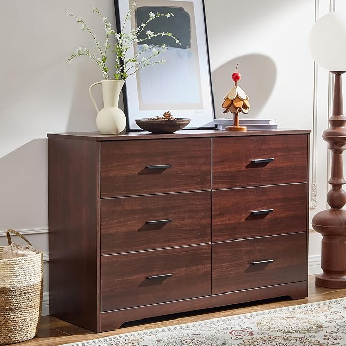 LIDYUK Dresser for Bedroom, Wood Dresser with 6 Drawers, Modern Minimalist Style Dressers & Chests of Drawers, 48 Inches Wide Chest of Drawers for Bedroom, Hallway, Living Room, Dark Cherry