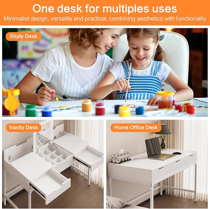 TEKAMON 47" Makeup Vanity Desk with Mirror，Girls Vanity Dressing Table for Bedroom, Wood Home Office Desk with 2 Drawers, Writing Study Desk with Cable Management, White