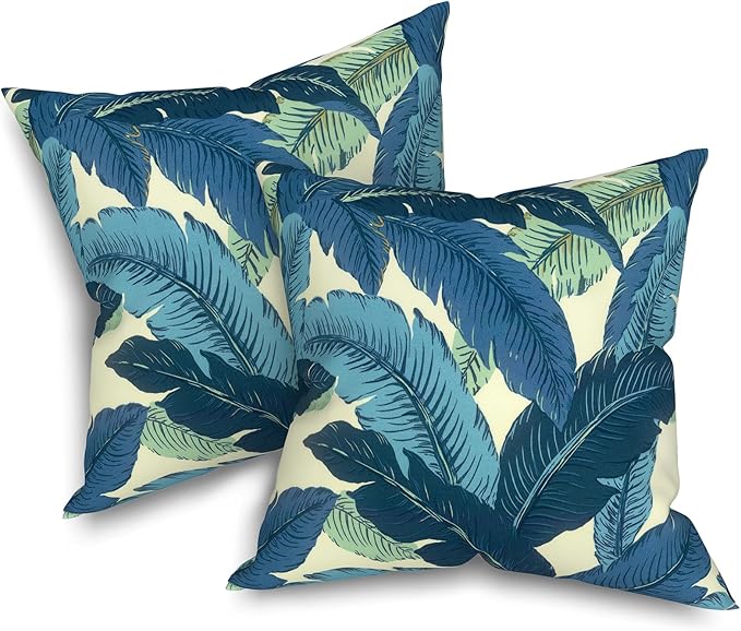 Outdoor Throw Pillows 16x16 Inch, Water Repellent Patio Pillows with Inners Set of 2, Outdoor Pillows for Patio Furniture Home Garden, Swaying Palms Blue