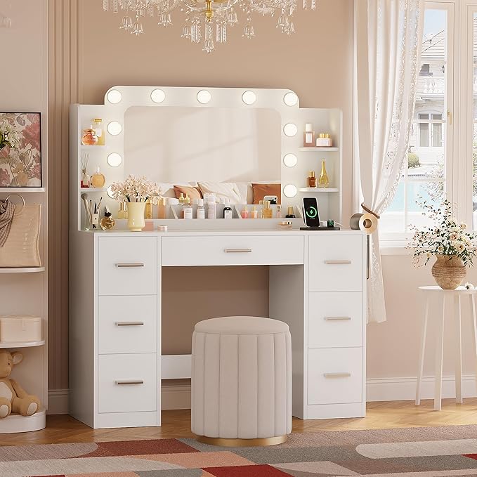 YESHOMY Vanity Desk with Large Lighted Mirror, Power Outlet and 11 Lights, Makeup Table with 7 Drawers and 3 Desktup Storage Units, 3 Color Modes Available for Bedroom, White