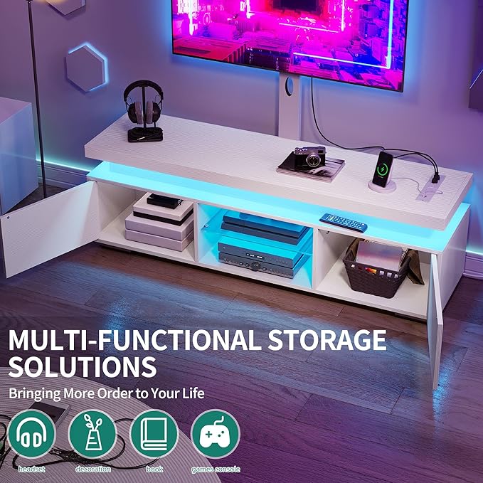 YITAHOME White TV Stand for Living Room, LED Entertainment Center with Storage, Height-Adjustable Mount TV Stand for 70/65 Inch TVs, Media Cabinet with LED Lighting and Charging Ports, White