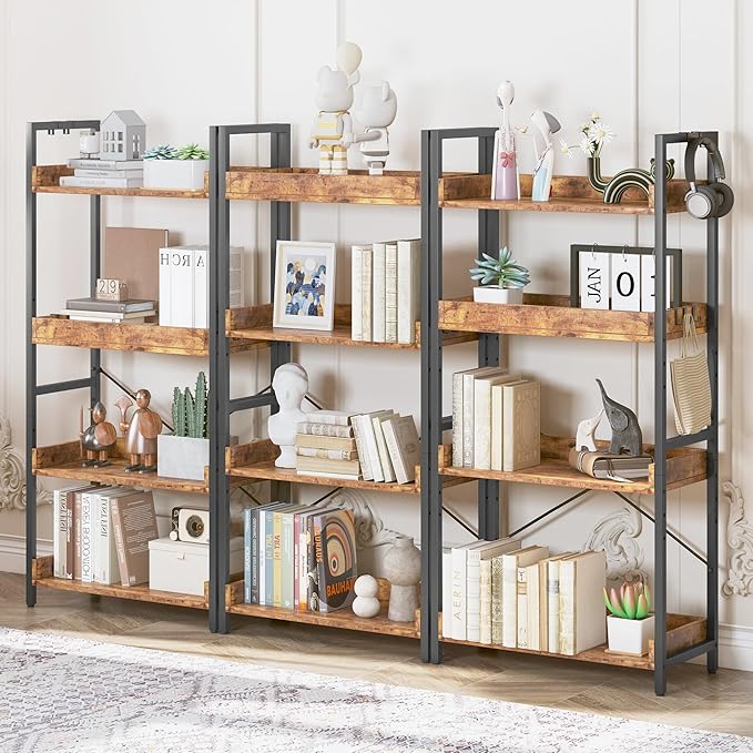 HCHQHS 4 Tier Bookshelf, Adjustable Industrial Bookcase, Vertical Tall Book Shelf, Wood and Black Metal Open Bookshelves for Home Office, Living Room, Bedroom