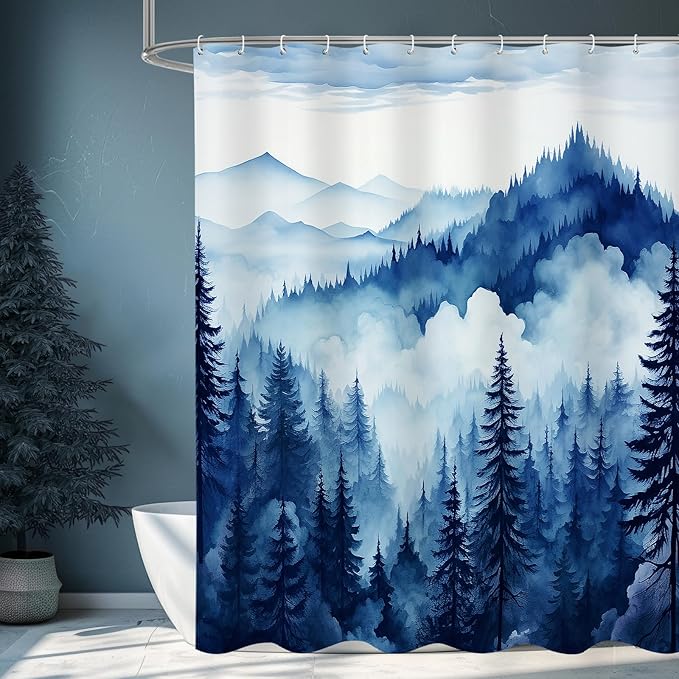 Navy Blue Extra Long Misty Pine Forest Shower Curtain 72 x 84, XL Mountain Foggy Woodland Scenery Tree Shower Curtains for Bathroom, Abstract Waterproof Nature-Themed Decor