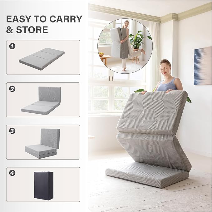 MLILY Tri-Fold Memory Foam Mattress, 4 inch Single Folding Mattress with Collapsible and Washable Cover, Travel and Guest Mat, 75"×25"×4", Grey