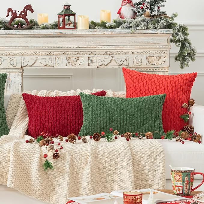 Kevin Textile Lumbar Throw Pillow Covers Ultra Soft Solid Striped Corduroy Rectangle Christmas Pillow Cover for Sofa 12 x 20 inch Burgundy 2 Pieces