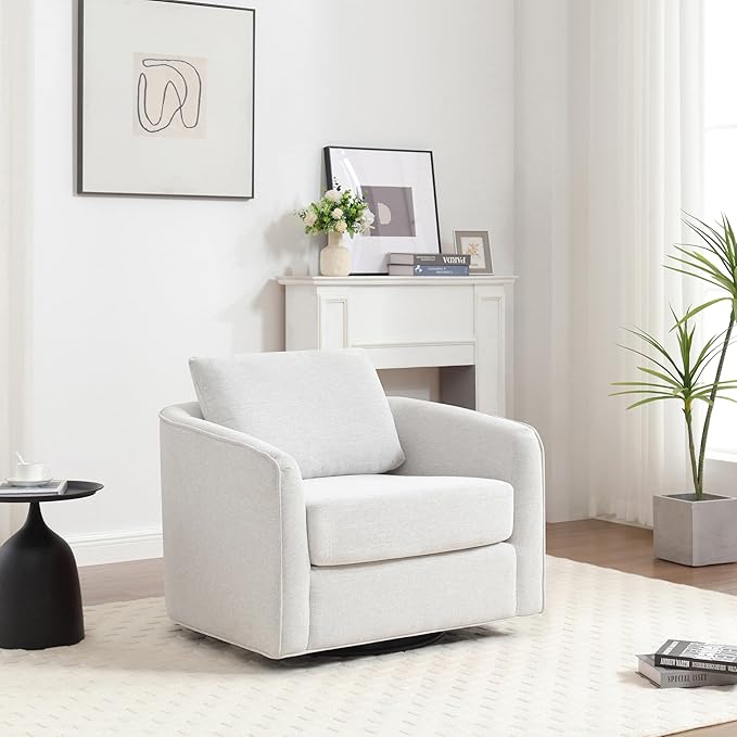 MINCETA Accent Chairs,Oversized 360 Swivel Armchair(Seat Area:25.6" D x 26.8" W),Modern Comfy Reading Chairs for Living Room with Metal Base,Performance Fabric in Off-White