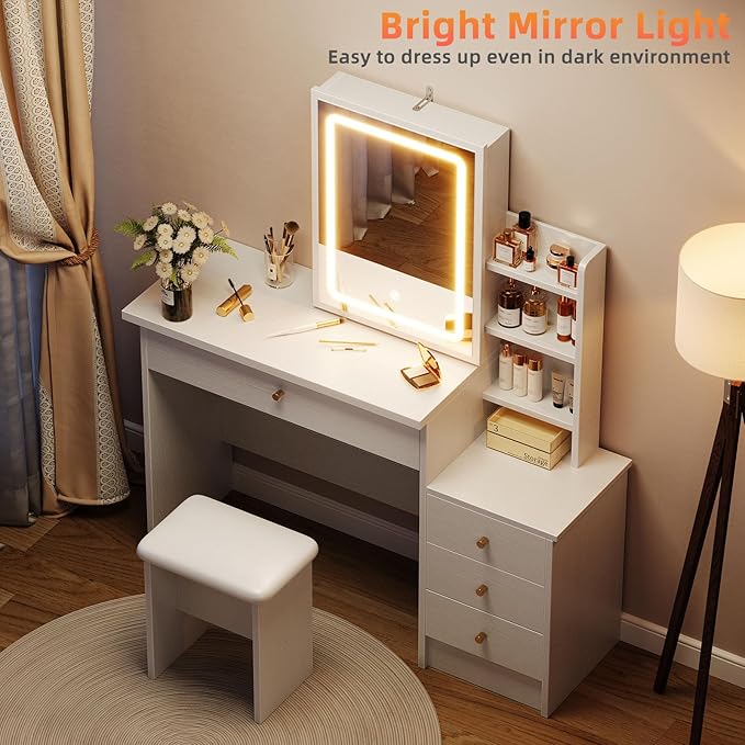 Vanity Desk with Mirror and Lights, Makeup Vanity with 3 Adjustable Lighting Modes, Small Vanity Desk with Sliding Mirror, 4 Drawers, 7 Shelves, Vanity Chair for Bedroom White