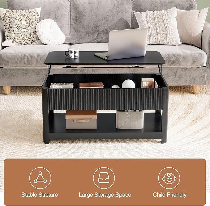 Lift Top Coffee Table with Storage, Mid Century Modern Coffee Table with Hidden Compartment, Fluted Wood Center Table for Small Space, Living Room, Home Office(Black)