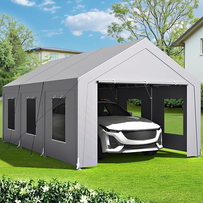 Carport 12x20 ft Heavy Duty, Car Port with Reinforced Steel Frame and 6 Roll-up Windows, Portable Garage with Sturdy Ground Nails, Waterproof All-Season Car Canopy for Boat, Truck, Grey