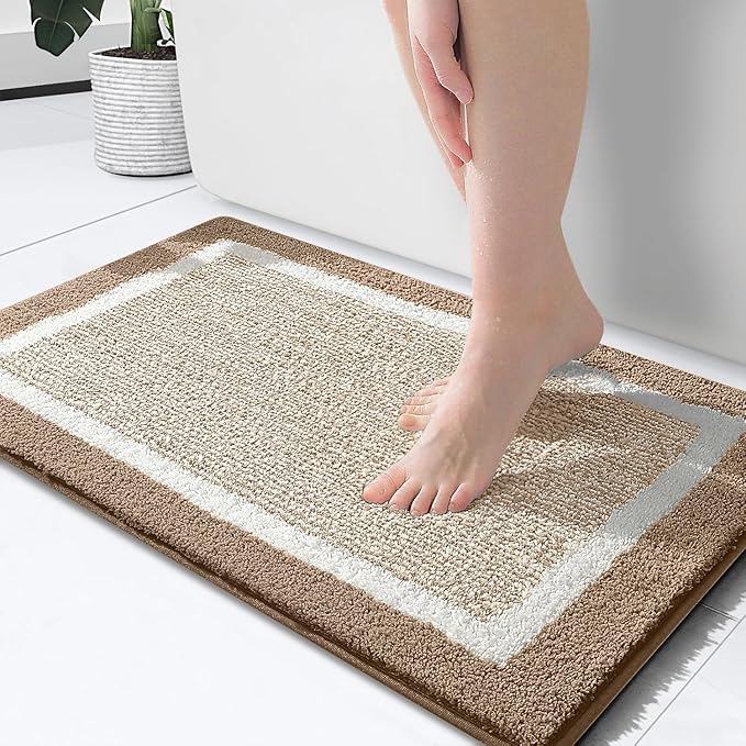 OLANLY Bathroom Rugs 24x16, Extra Soft and Absorbent Microfiber Bath Mat, Non-Slip, Machine Washable, Quick Dry Shaggy Bath Carpet, Suitable for Bathroom Floor, Tub, Shower (Small, Tan)