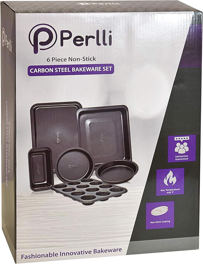 Perlli Baking Set 6 Nonstick Carbon Steel Oven Safe Gray PTFE PFOA Free Bakeware - Cookie Sheet, 2 Rounds, 12 Cup Muffin Pan, Roaster & Loaf Pan