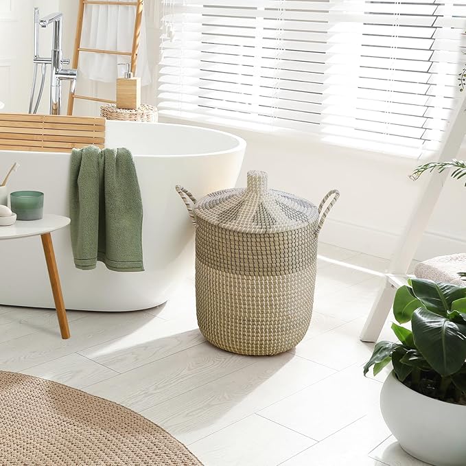 3 Pack Laundry Baskets Hamper, Seagrass Handwoven Storage Basket with Lid Handles, Natural Vietnamese Woven Decorative Wicker Clothes Hamper, Suitable for Any Home Style, Gifts for Friends