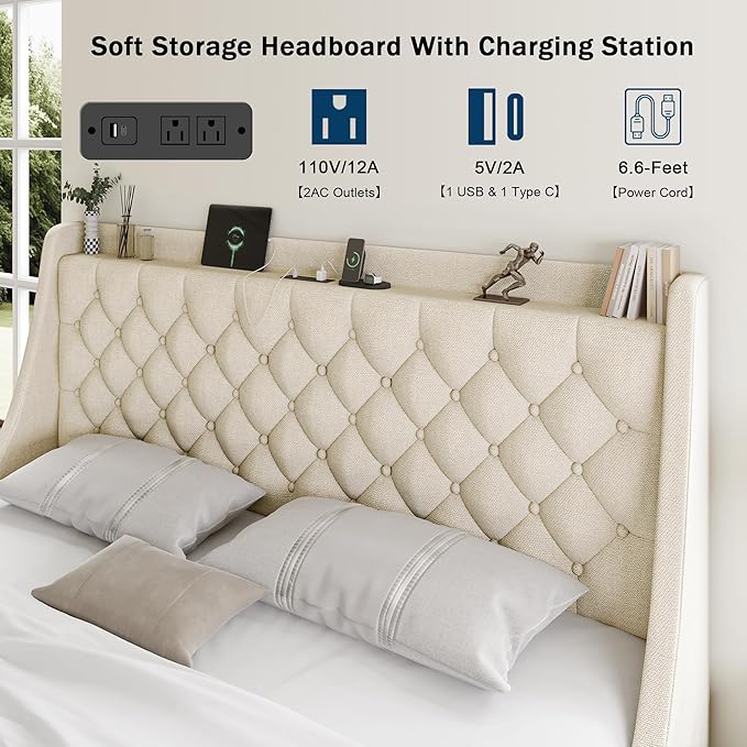 King Size Bed Frame with 4 Storage Drawers, Giant Upholstered Wingback Headboard, Fast Charging Station, No Box Spring Needed, Noise-Free, Beige