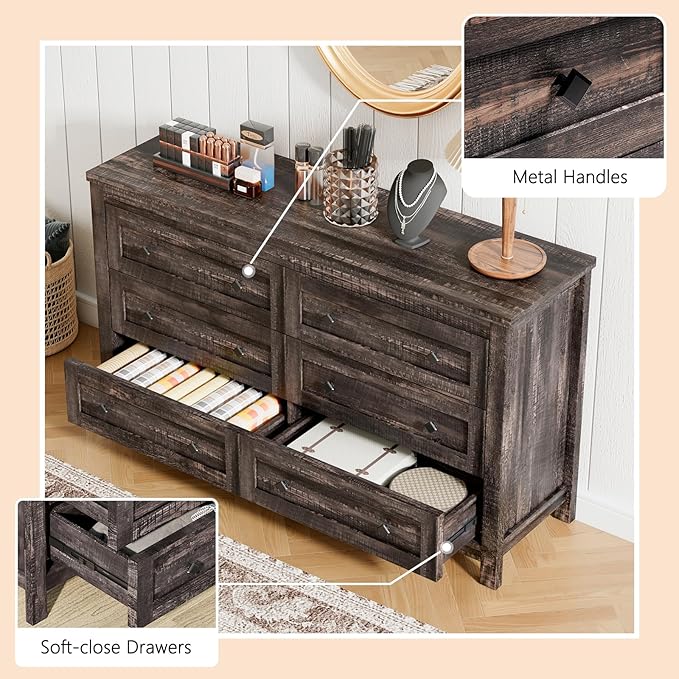 Farmhouse 6 Drawers Dresser, Wood Rustic Chest of Drawer for Bedroom, Closet Storage Dressers Organizer, 6 Drawers Chest for Living Room, Hallway, Dark Rustic Oak