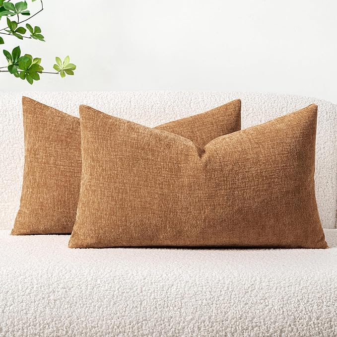 MIULEE Pack of 2 Brown Throw Pillow Covers 12x20 Inch Soft Chenille Pillow Covers for Sofa Living Room Couch Solid Dyed Cases