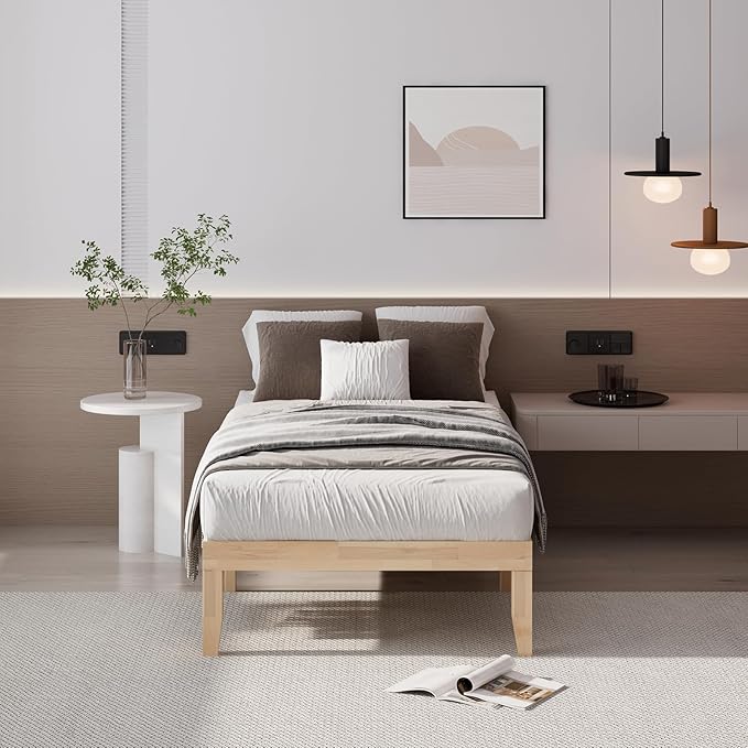 Giantex 14 Inch Twin Wood Platform Bed Frame, Minimalist Style Mattress Foundation with Solid Rubber Wood, Heavy Duty Slat Support, Without Headboard, Easy Assembly, No Box Spring Needed, Natural
