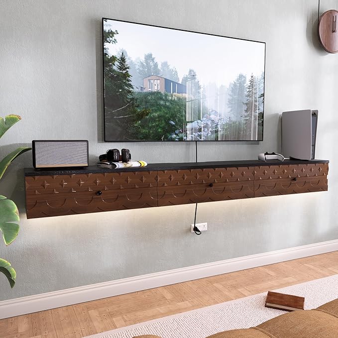 Fully-Assembled Floating TV Stand, Vintage Carved Floating Entertainment Center with Flip-Down Doors & Drawer, Walnut Wood Media Console Shelf Cabinet Under TV Storage for Living Room, 55IN