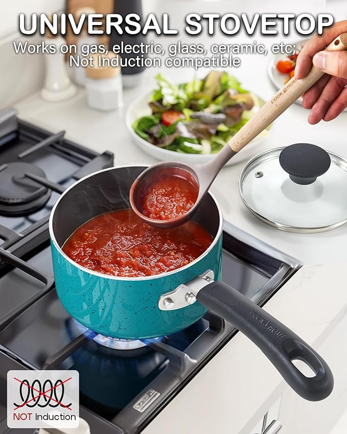 Cook N Home Non Stick Sauce Pan, 3 Quarts Saucepan with Glass Lid, Nonstick Small Multi-purpose Pot, Milk Chocolate Aluminum Cooking Pot Pan with Stay-Cool Handle, Turquoise