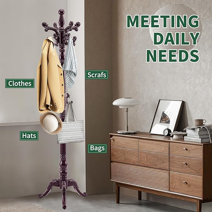 Wooden Coat Rack Stand, Vintage Solid Wood Coat Rack Freestanding with Triangle Base, Heavy Duty Coat Racks with 14 Hooks, Wood Coat Tree Hanger Stand for Entryway,Office