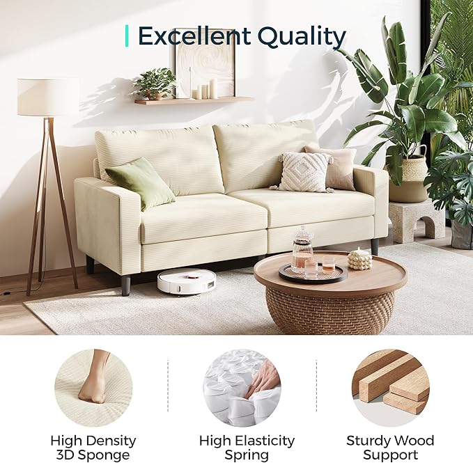 LINSY 79'' Beige Loveseat Sofa - Comfy Couch Corduroy Love Seat Couch with Adjustable Seat Depth Ergonomic Design Modern 2-Seater Soft Sofa for Living Room Bedroom Apartment Office, Beige