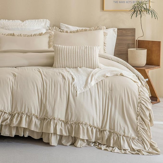 QSH Shabby Ruffled Comforter Queen Size, Farmhouse Wheat Bedding Comforter Set, 3 Pieces Lightweight Vintage Rustic Soft Comforter Queen for Bed, All Season Microfiber Fully Bedding Sets