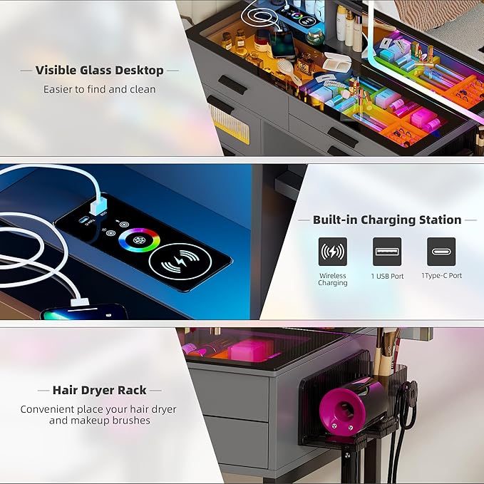 RGB Vanity Desk with Sliding Mirror and Lights,Makeup Vanity with Charging Station,LED Vanity Table with Glass Top,Girls Vanities Dressing Table Set with Stool&6 Drawers for Bedroom(Grey)