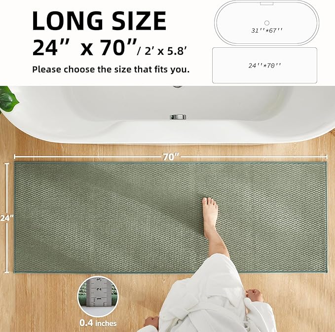 Bathroom Runner Rugs Non Slip Washable Chenille Bath Rug Super Absorbent Long Bath Mats Quick Dry Low Pile, Sage Green 24"x70"