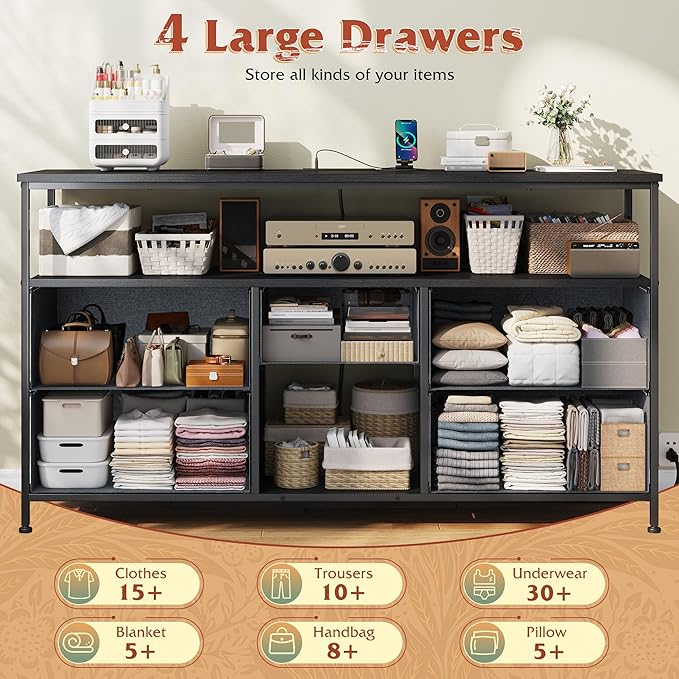 TV Stand Dresser with LED Lights & Power Outlets, Entertainment Center for 50" Inch TV, 5 Drawers TV Stand for Bedroom Dresser with Shelves for Living Room, Sturdy Metal Frame, Grey