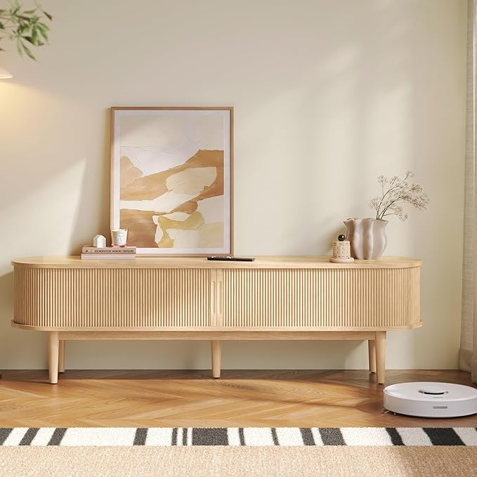 LINSY 70" Fluted TV Stand, Modern Entertainment Center for TVs Up to 80 inches, TV Console with Sliding Doors, Curved Profile Design, Media Console for Living Room, Light Wood