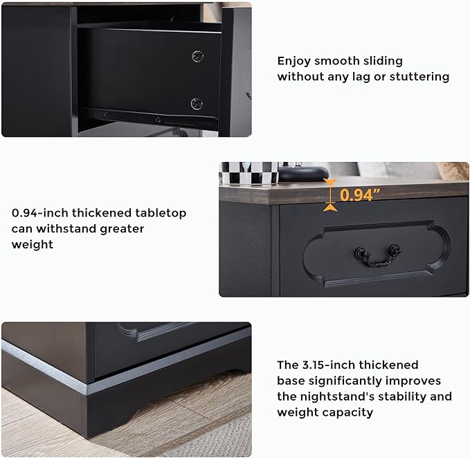 LIDYUK 3 Drawer Dresser for Bedroom Farmhouse Black Wood Chest of Drawers Bedroom Dresser with Charging Station, Rustic Small Drawers Dressers Nightstand Wooden Closet Storage Cabinet, Living Room