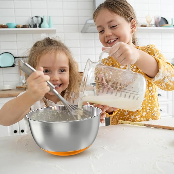 Stainless Steel Mixing Bowls with Lids – Set of 5 Large Nesting Metal Bowls for Kitchen, Baking, Cooking, Food Prep & Storage, Non-Slip Base, Dishwasher Safe,Orange