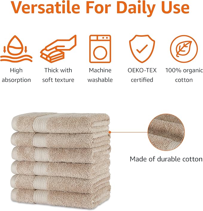 Amazon Basics Fade-Resistant 100% Cotton Hand Towel, 6 Pack, 16"x26", Taupe