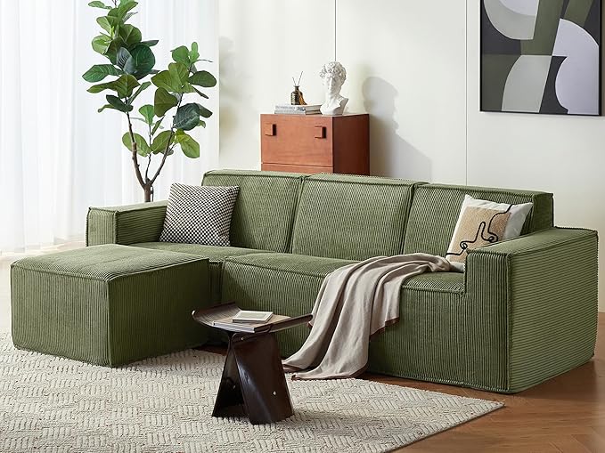LINSY HOME Modular Sectional Sofa, 105" Boneless Couch L Shaped 3-Seat Sofa with Ottoman, Corduroy Sectional Cloud Couches for Living Room, No Assembly Required, Green