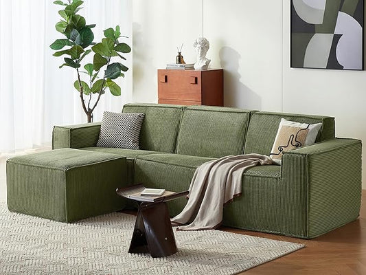 LINSY HOME Modular Sectional Sofa, 105" Boneless Couch L Shaped 3-Seat Sofa with Ottoman, Corduroy Sectional Cloud Couches for Living Room, No Assembly Required, Green