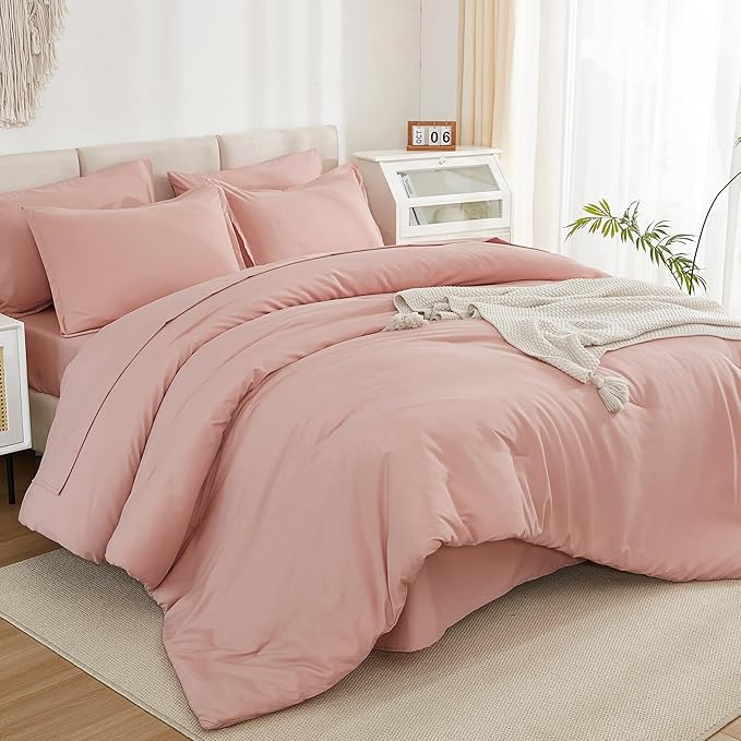 Litanika Twin/Twin XL Size Comforter Sets Grey Blush Pink - 5 Pieces Bed in a Bag Twin/Twin XL Bedding Comforter Sets, Solid Lightweight Bed Set with Comforter, Sheets, Pillowcase & Sham