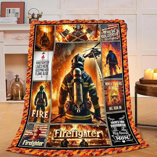 Yibuda Firefighter Blanket Fire Rescue Flannel Plush Throw Blanket Cozy Patriotic Hero Decor Fleece Stuff Blanket Gifts for Lover Girls Boys Kids Adults Women Bed Travel 60"x80"