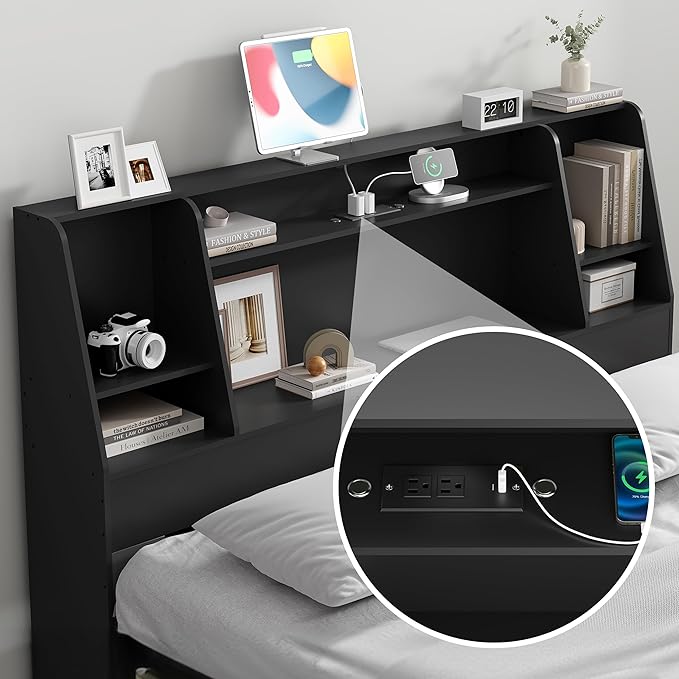 Queen/Full Headboard Only for Queen Bed, Wood Bookcase Head Board with Charging Station & 2 LED Lights, Stylish Noise-Free with Ample Storage for Bedroom, Height Adjustable, Black