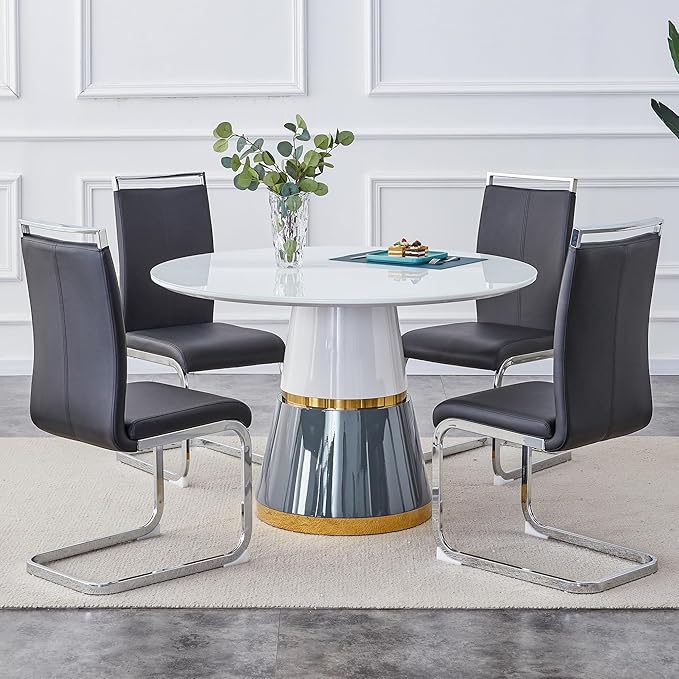 45 Inch Round Dining Table Set for 4, 5 Piece Kitchen Table and Chairs Set, White Faux Marble Table Top, Small Space Dining Set for Apartment or Dining Room