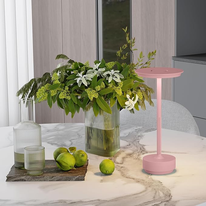 Cordless Table Lamps Rechargeable, Portable 5000mAh Outdoor Table Light, 3 Color Stepless Dimming LED Table Lamp with Memory Function, for Home/Dinner/Patio/Restaurant.(Pink)