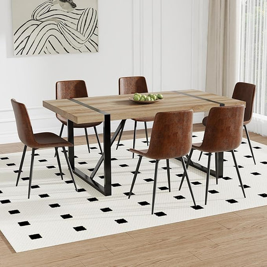 Dining Table Chairs Set for 6, Modern Rectangular Dining Room Table Set Upholstered Dining Chairs 71" Dinner Table Set for Kitchen (Brown Table & Brown2 Chairs, 71 Inch Table + 6 Chairs)