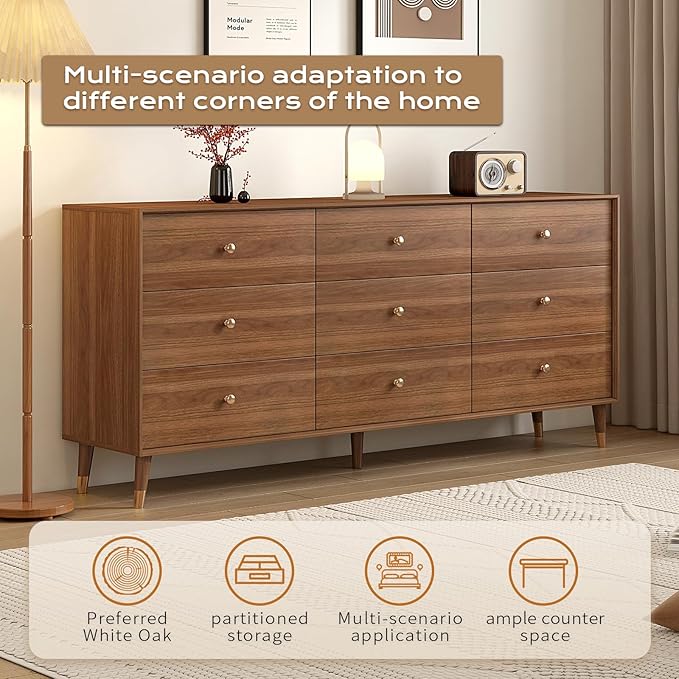 9 Drawer Dresser for Bedroom, 63 Inch Dresser for Closet with Walnut Frame, Modern Solid Wood Chest of Drawers with Natural Texture & Pre-Embedded Slots for TV Stand, Living Room, Hallway, Office