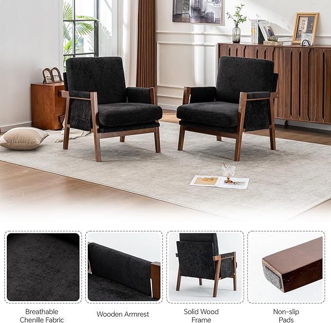 Mid Century Modern Accent Chair with Wood Frame, Upholstered Living Room Chairs with Wide Armrest, Chenille Fabric Comfy Arm Chair for Bedroom, Reading Room, Balcony (2, Black)
