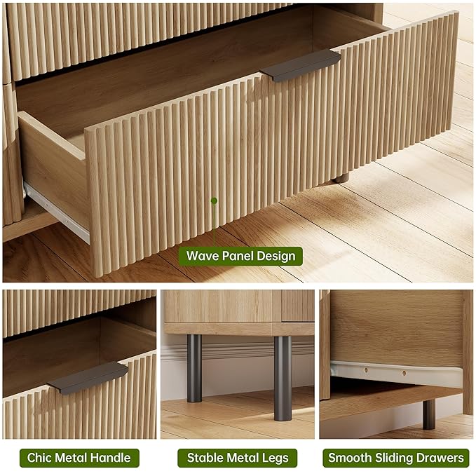 GarveeHome Oak Fluted 5 Drawer Dresser for Bedroom, Modern Wood Chest of Drawers with Wide Drawers, Closet Dresser Organizer with Anti-Tipping Device and Metal Legs for Hallway Entryway