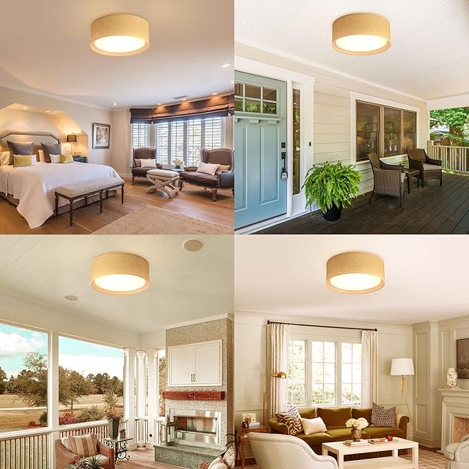 WINGBO 15.7" Modern 3-Light Flush Mount Ceiling Light Fixture with Fabric & Acrylic Double Drum Shade for Bedroom Living Room Dining Room Hallway Entryway, Brown