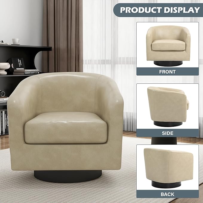 UIXE 360° Swivel Barrel Accent Chair Armchair, PU Leather Round Club Arm Chair for Lving Room, Modern Upholstered Small Bedroom Single Sofa Seat - Cream, Set of 4