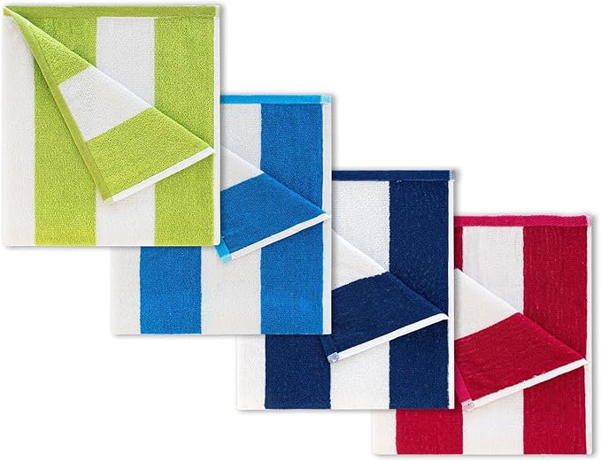 CASA COPENHAGEN Cabana Beach Towel Designed in Denmark Rough and Tough, Quick Dry, Pool, Bath & Shower 30x60 inches 4 Pieces Cotton Beach Bath Towels Set - Turquoise, Green, Pink, Royal Blue