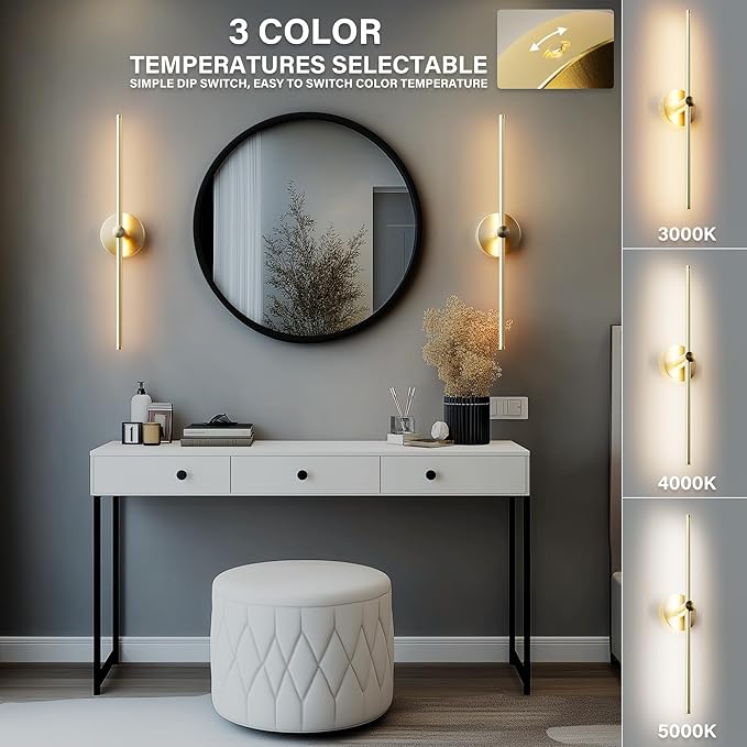 ZAGO 24 Inch LED Indoor Linear Wall Sconces Set of Two, 3CCT Switchable, Brushed Golden, Hardwired and Wall Mounted, Dimmable for Living Room, Hallway, Bedroom, 120-277V, 14W, 900LM, ETL Certified